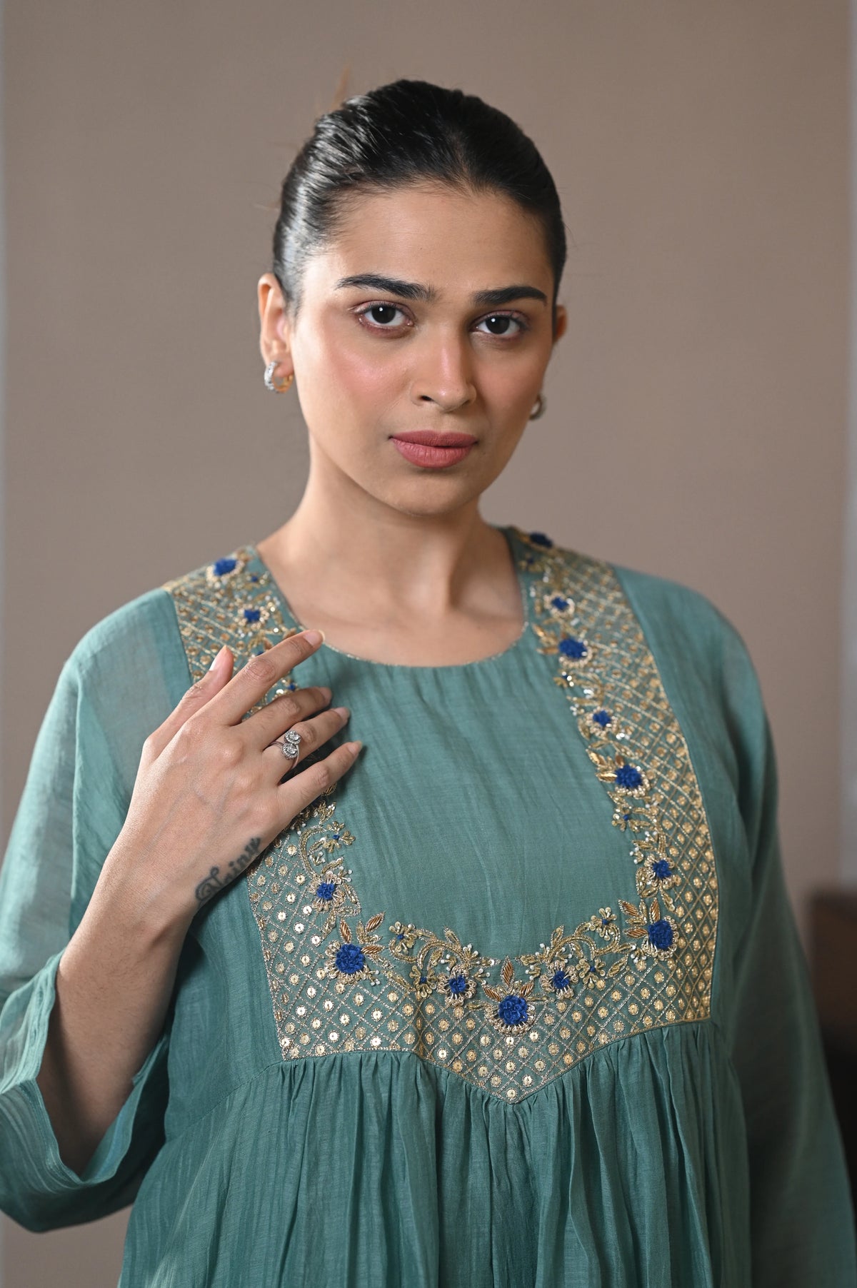 Teal Green Gathered Chanderi Set