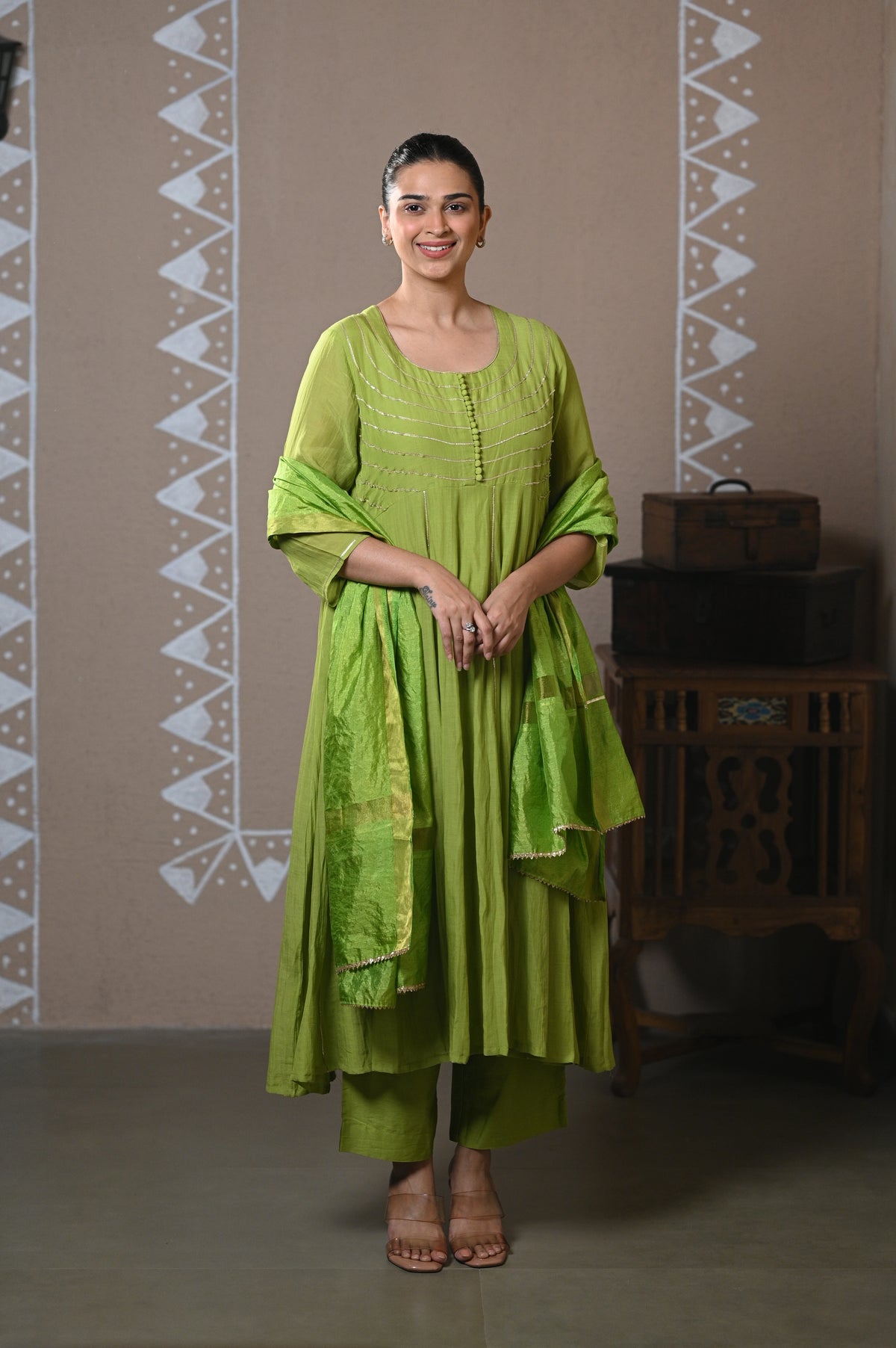 Lime green striped chanderi embroidered kurta set with dupatta