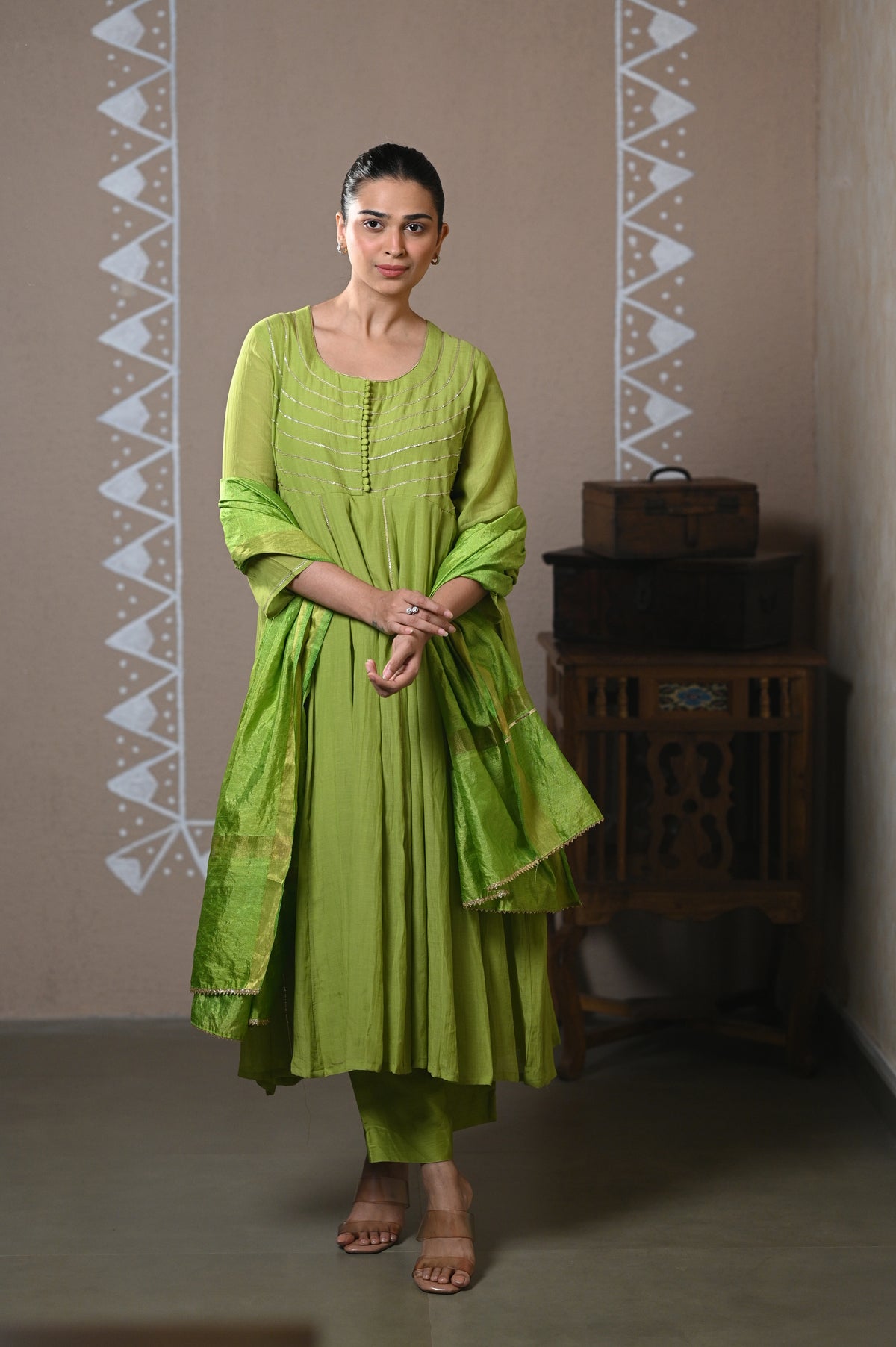 Lime green striped chanderi embroidered kurta set with dupatta