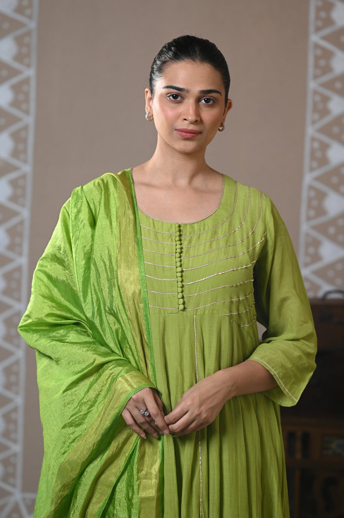Lime green striped chanderi embroidered kurta set with dupatta