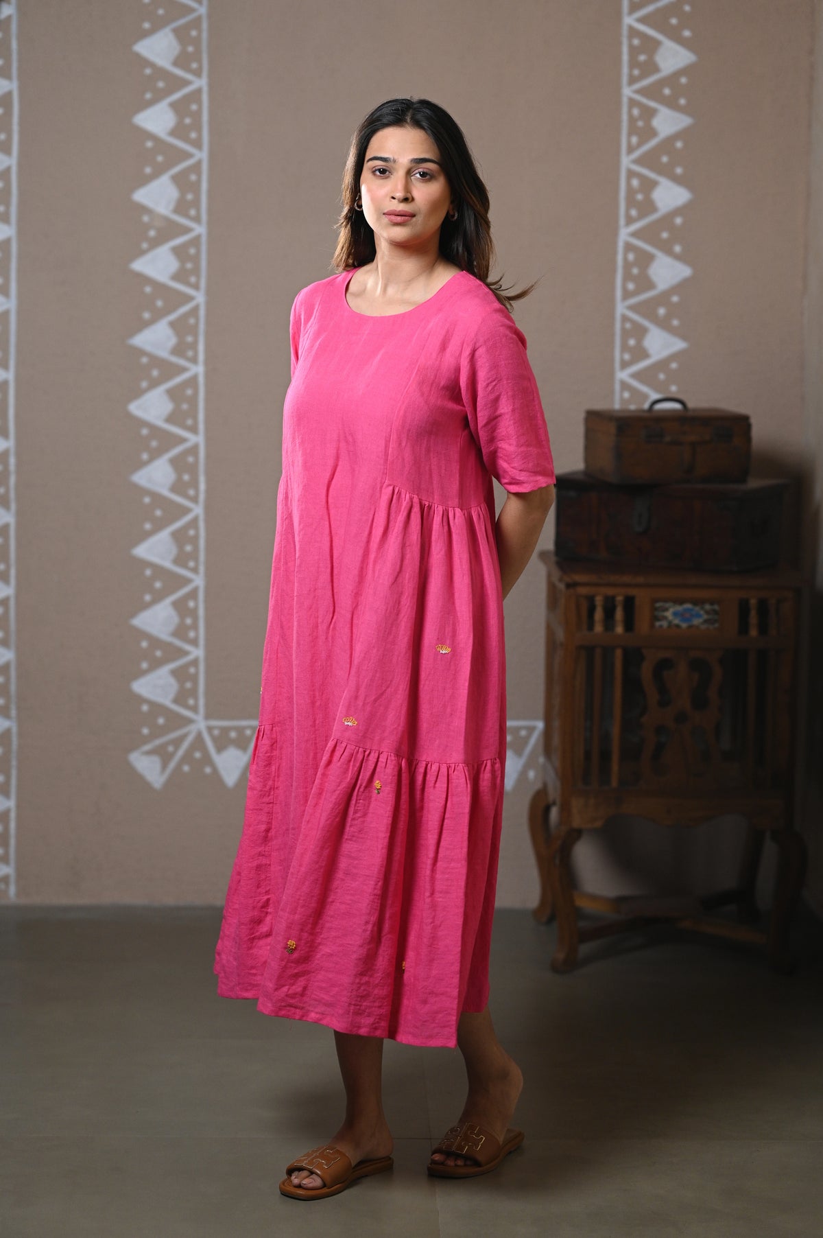 Fuchsia Pink Tiered Linen Dress