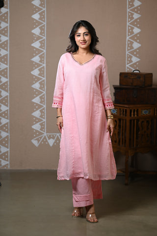 Blush Pink Chanderi Embroidered Kurta Set