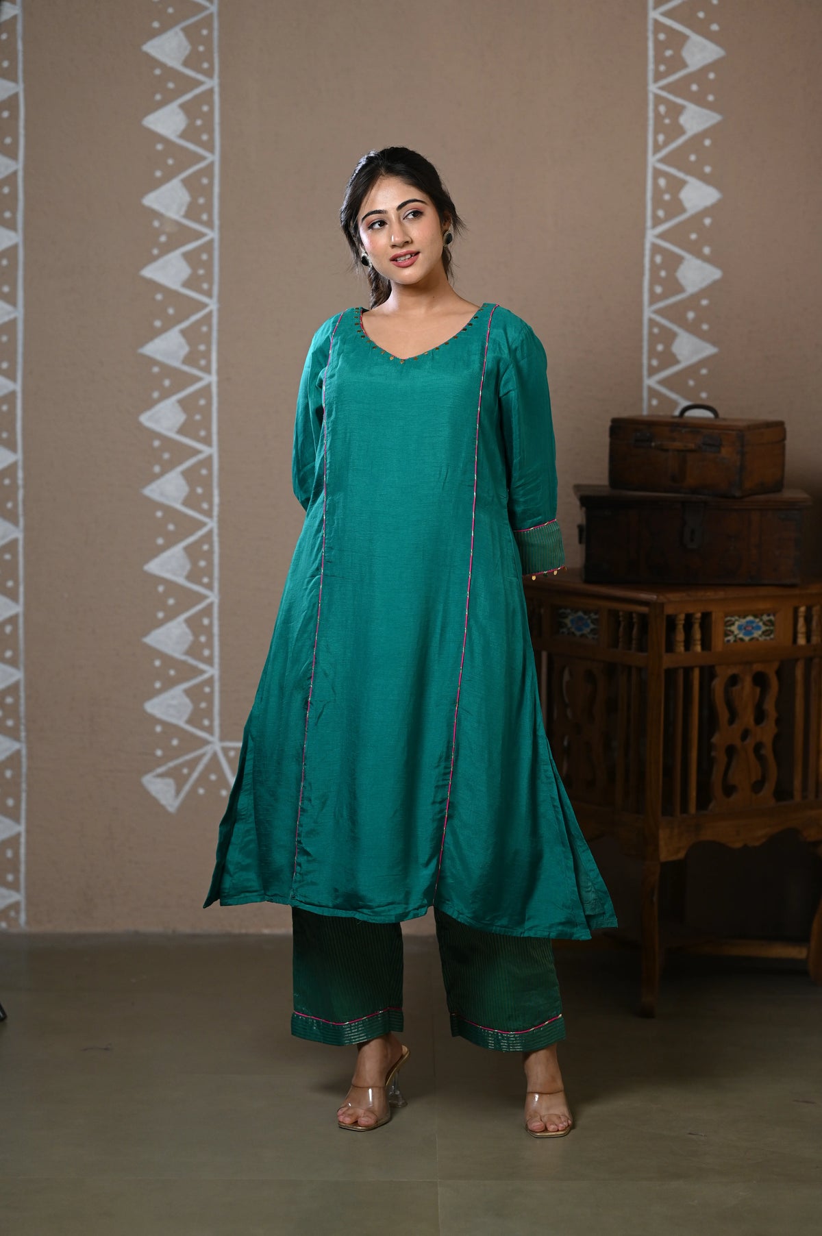 Teal Stripes Dola Silk Kurta Set