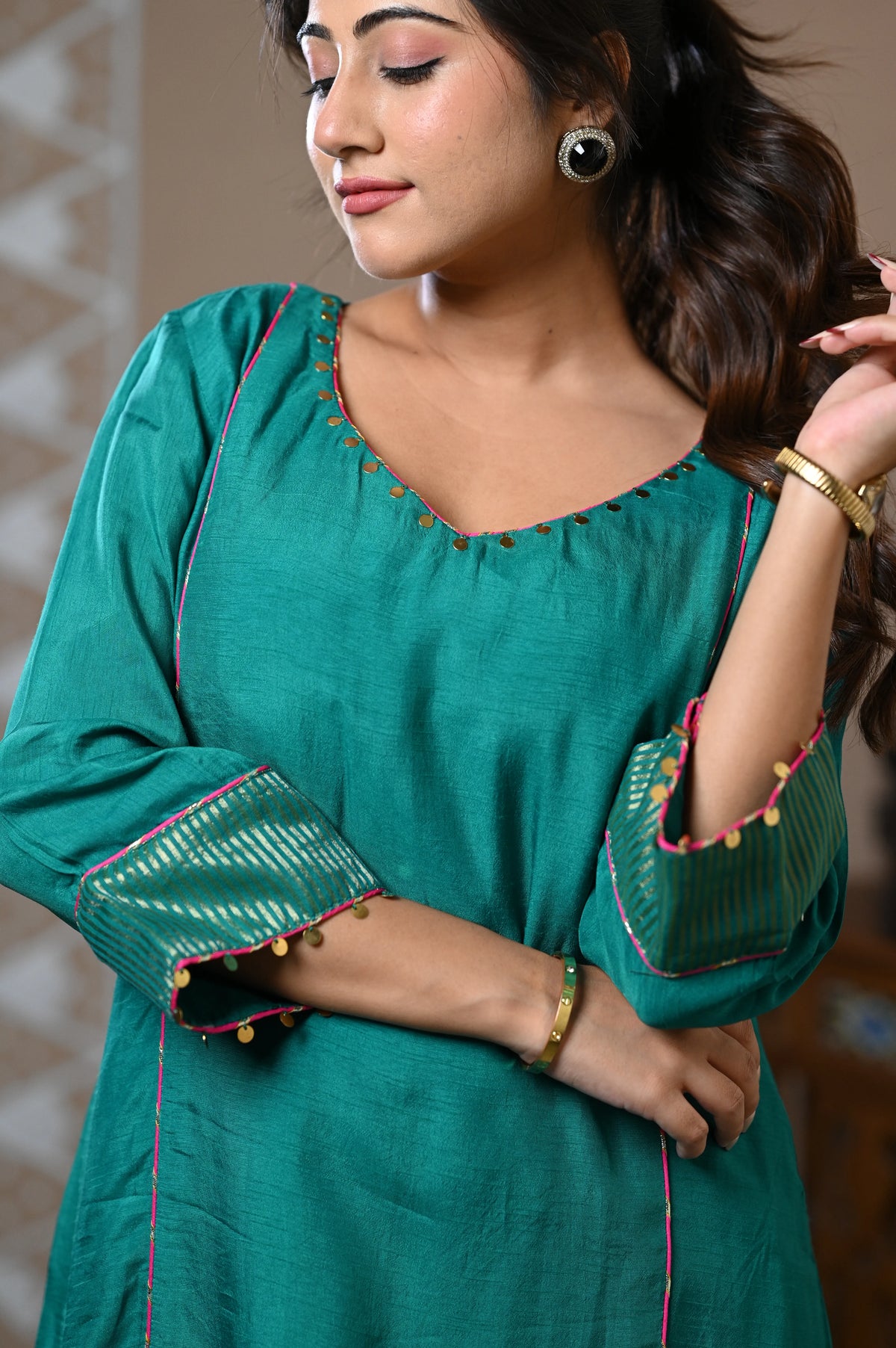 Teal Stripes Dola Silk Kurta Set