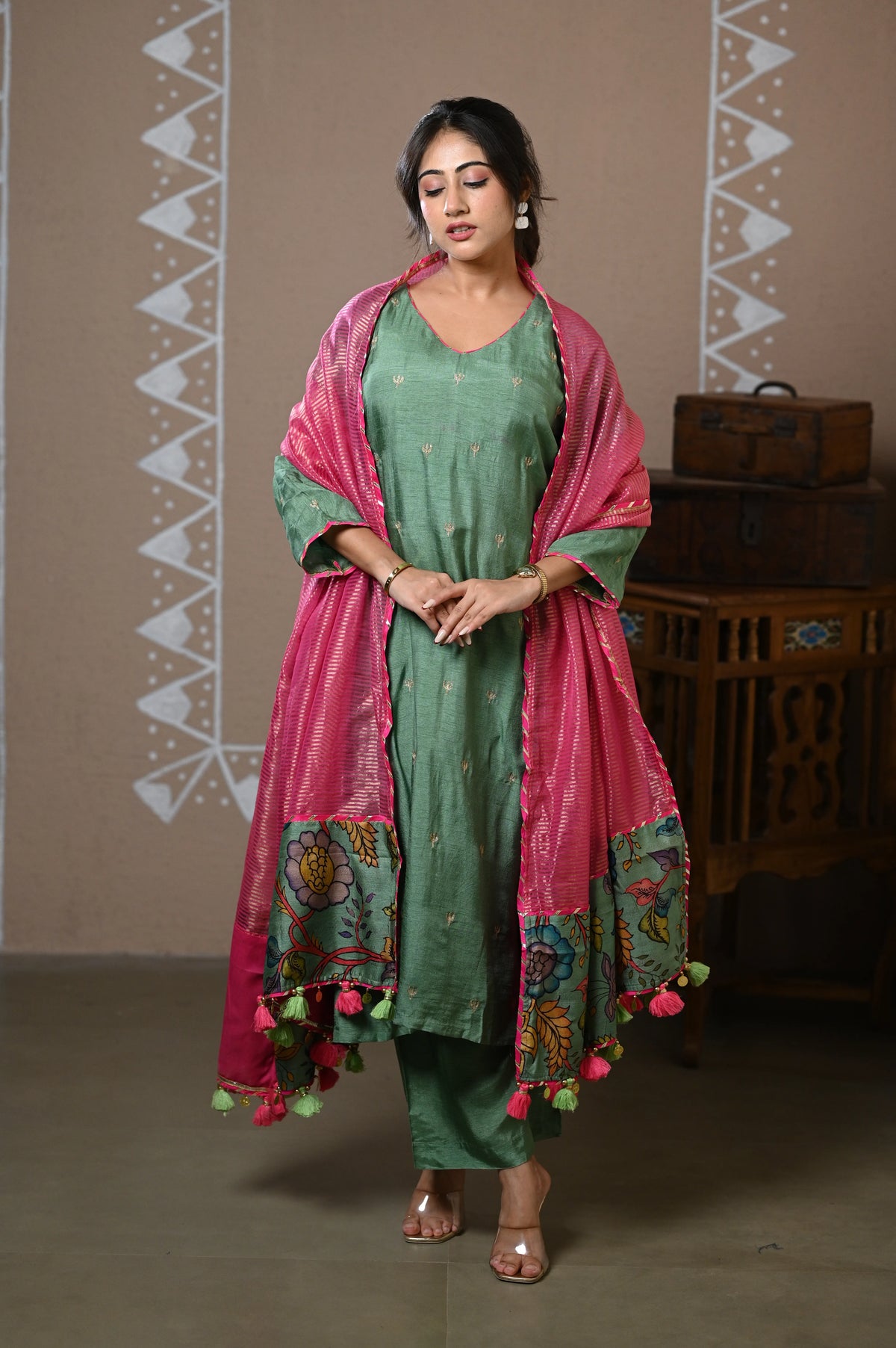 Sage Emb Dola Silk Kurta Set With Dupatta