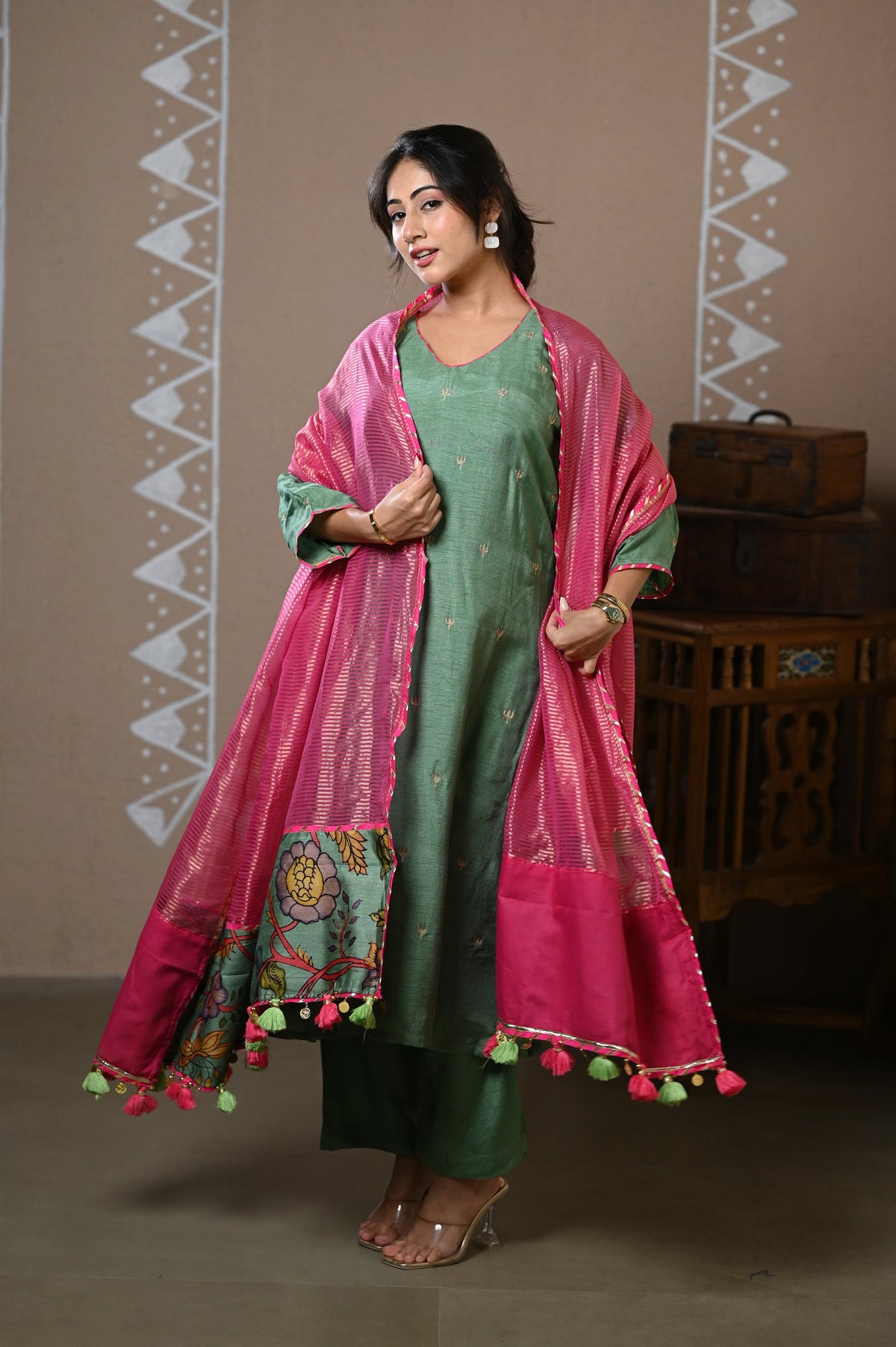 Sage Emb Dola Silk Kurta Set With Dupatta