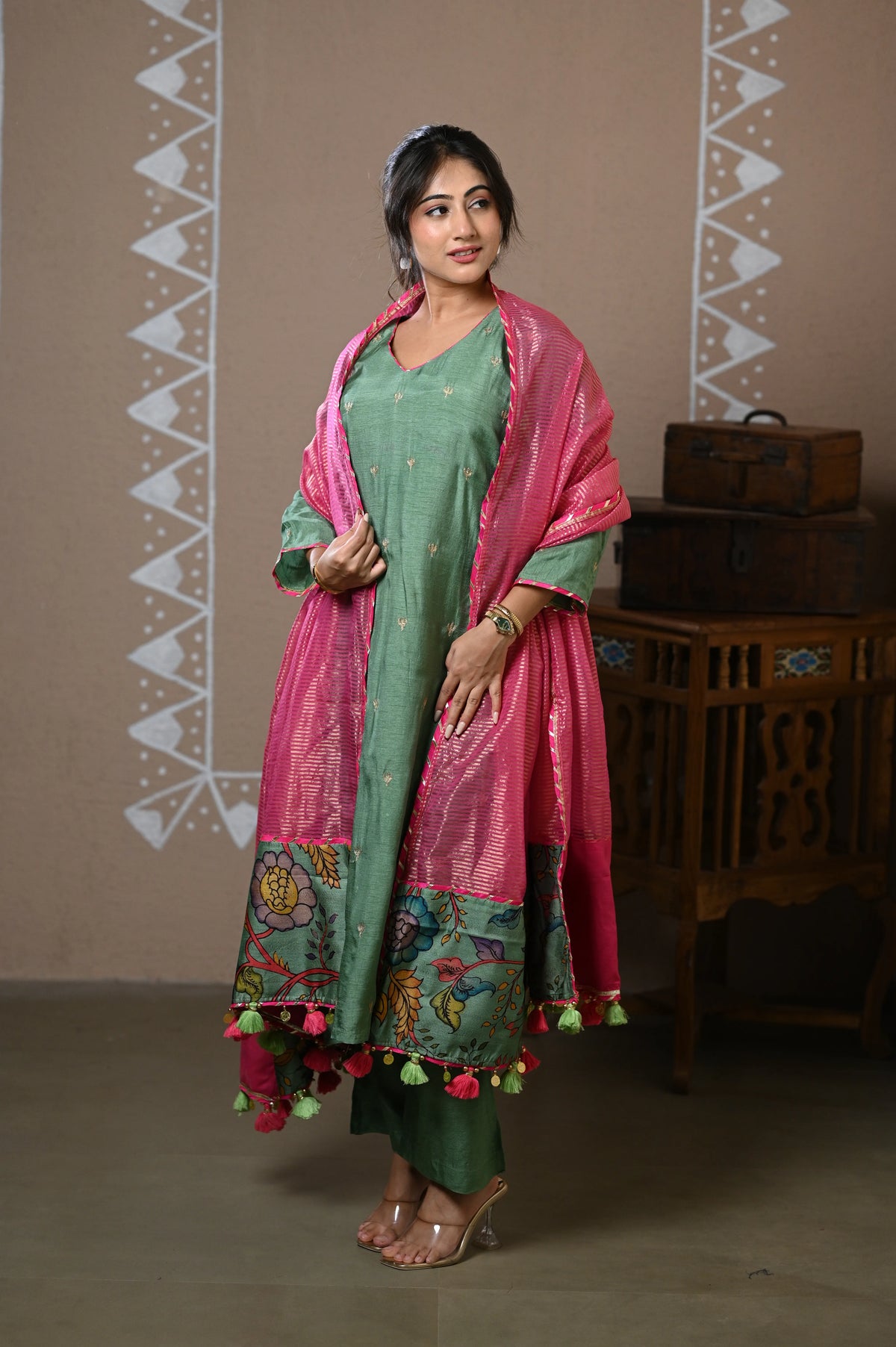 Sage Emb Dola Silk Kurta Set With Dupatta