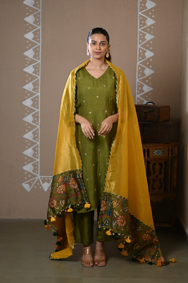 Olive Embroidered Dola Silk Kurta Set With Dupatta
