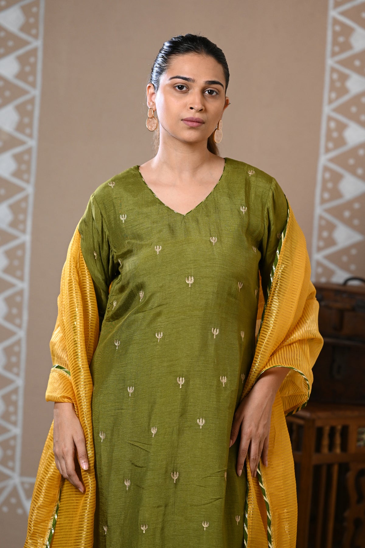 Olive Embroidered Dola Silk Kurta Set With Dupatta