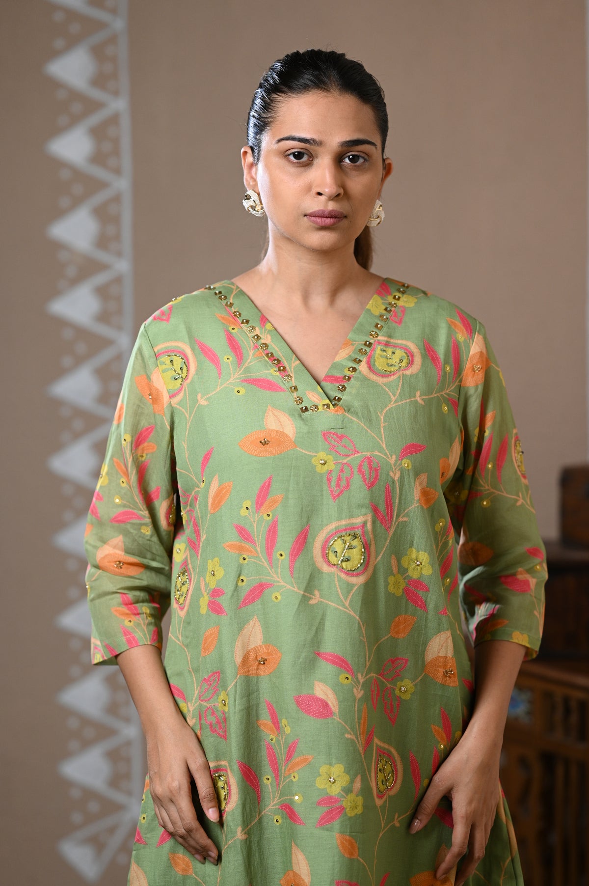 Sage Green Floral Printed Muslin Kurta Set