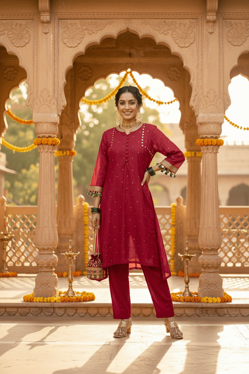 Woman in a red traditional outfit standing in an ornate architectural setting.
