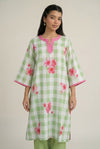 Beige The Pop Up Store green and white gingham kurti with pink floral print and pink trim. Three-quarter sleeves.
