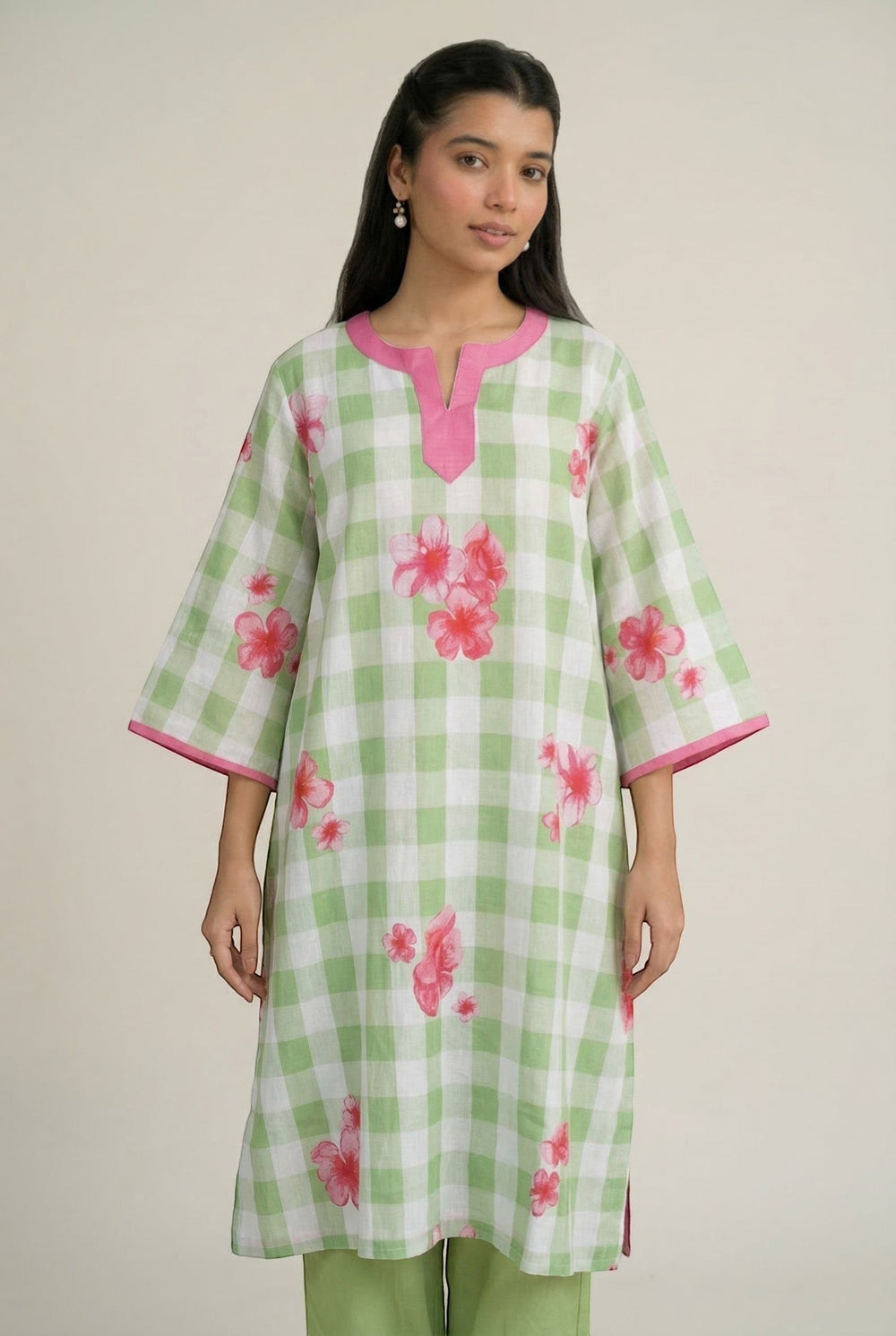 Beige The Pop Up Store green and white gingham kurti with pink floral print and pink trim. Three-quarter sleeves.