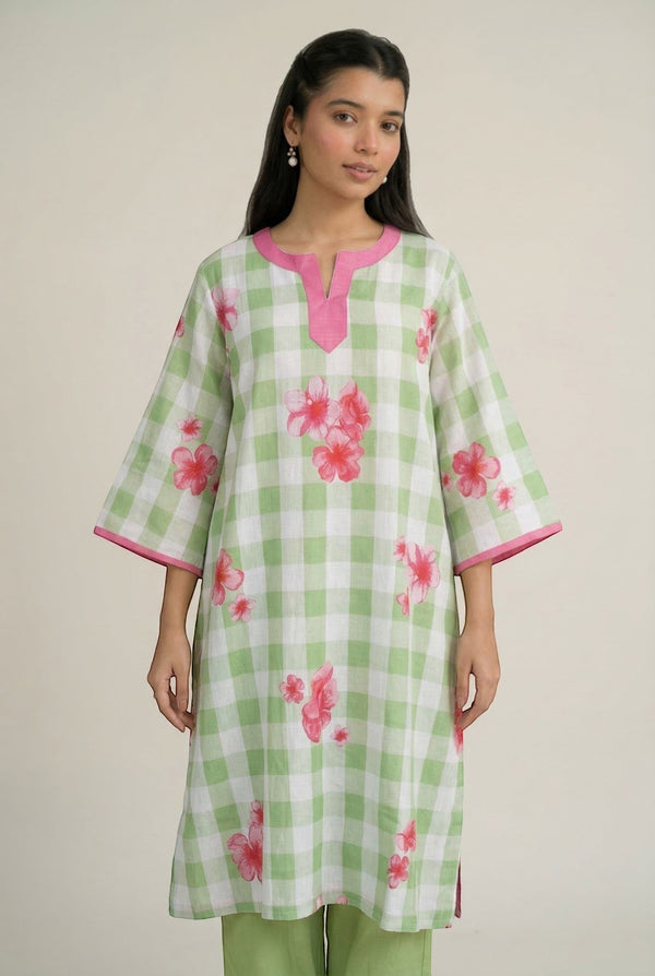 Beige The Pop Up Store green and white gingham kurti with pink floral print and pink trim. Three-quarter sleeves.